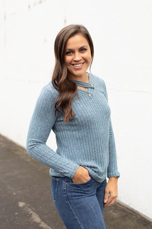 Blue Button Vneck Ribbed Sweater LS (SM-2X)