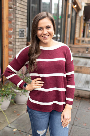 Dk Burgundy Striped Lightweight Oversized Hi Lo Sweater