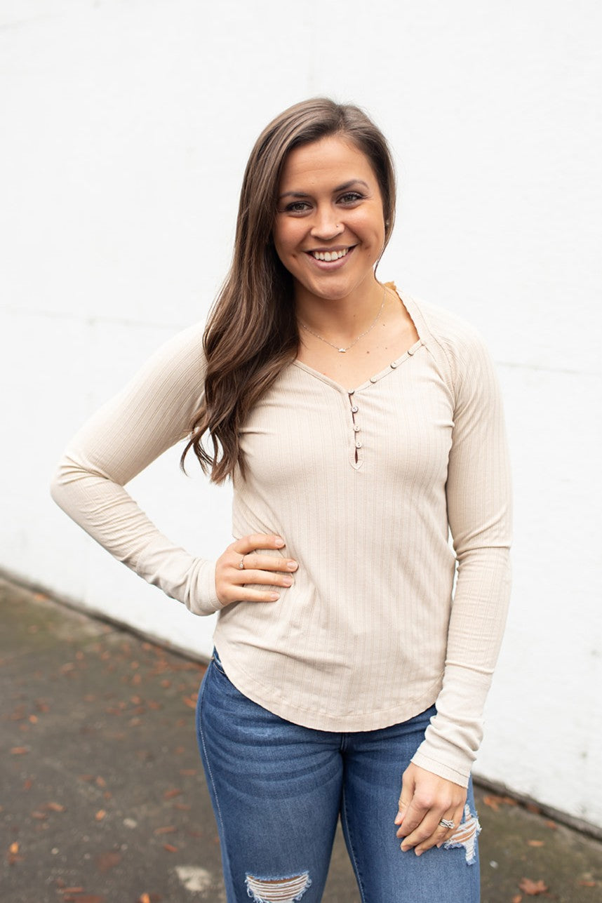 Beige Vintage Ribbed Henley LS Top (SM-XL)