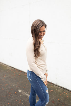 Beige Vintage Ribbed Henley LS Top (SM-XL)