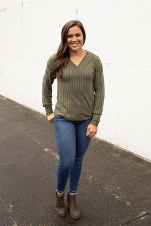 Olive Vneck Ribbed Sweater LS (SM-2X)