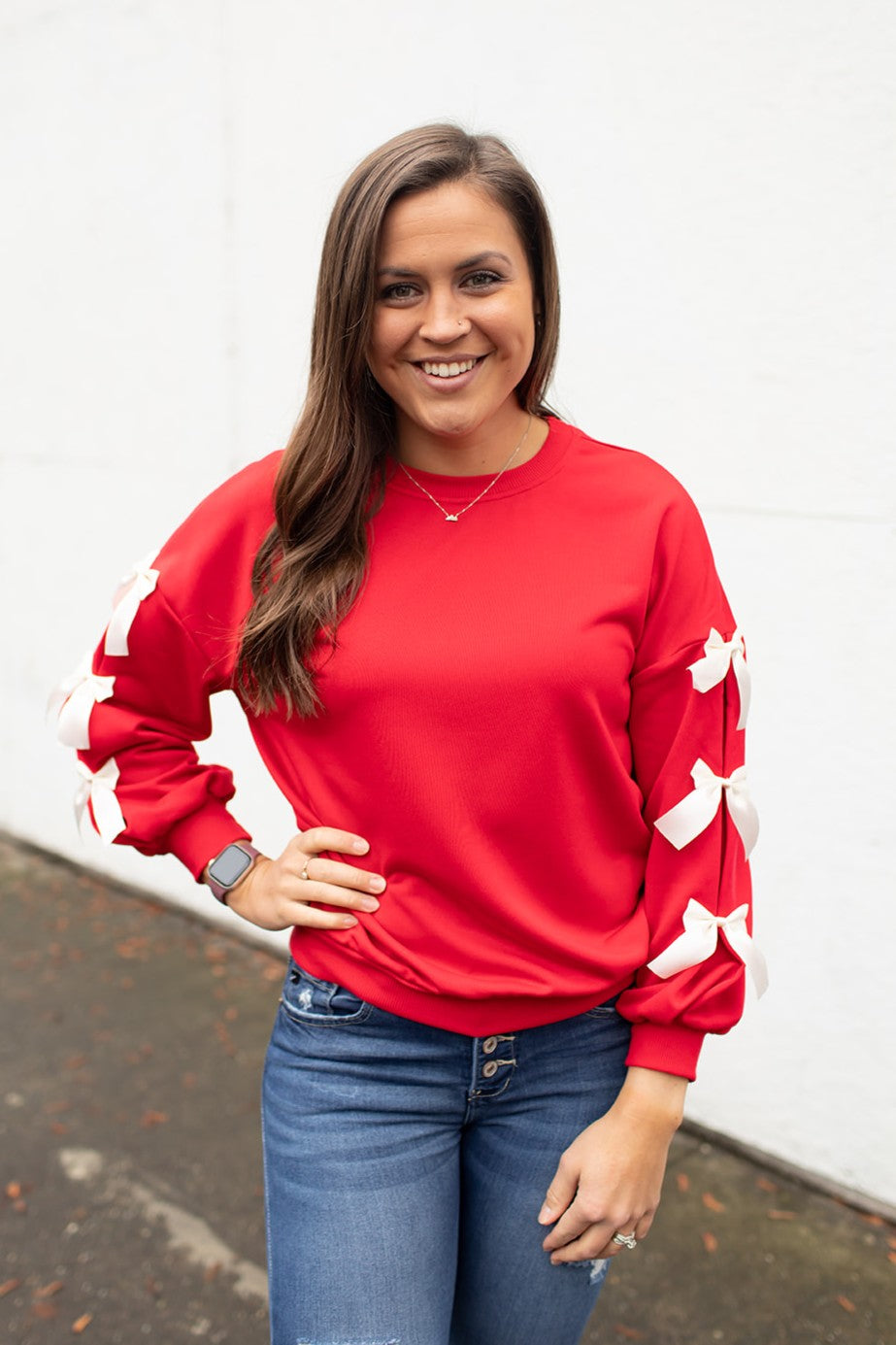 Red Satin Bow Sleeve Pullover (SM-XL)