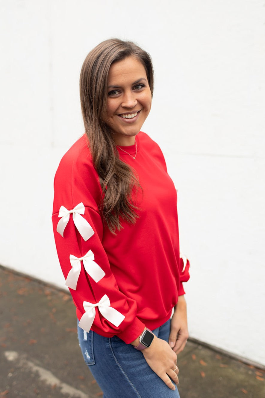 Red Satin Bow Sleeve Pullover (SM-XL)