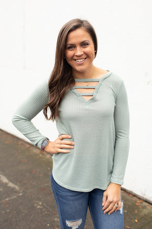 Sage Waffle Knit Strapped Chest LS Top