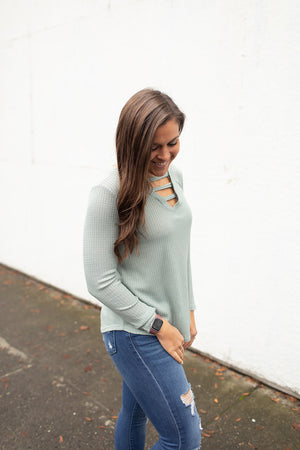 Sage Waffle Knit Strapped Chest LS Top