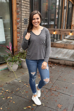 Charcoal Ribbed Vneck Slouchy Pocket LS (SM-XL)