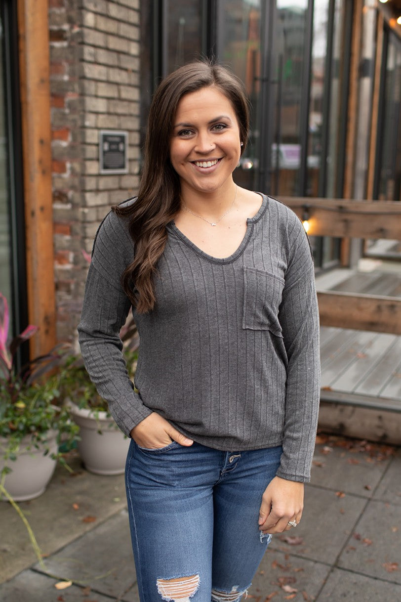 Charcoal Ribbed Vneck Slouchy Pocket LS (SM-XL)