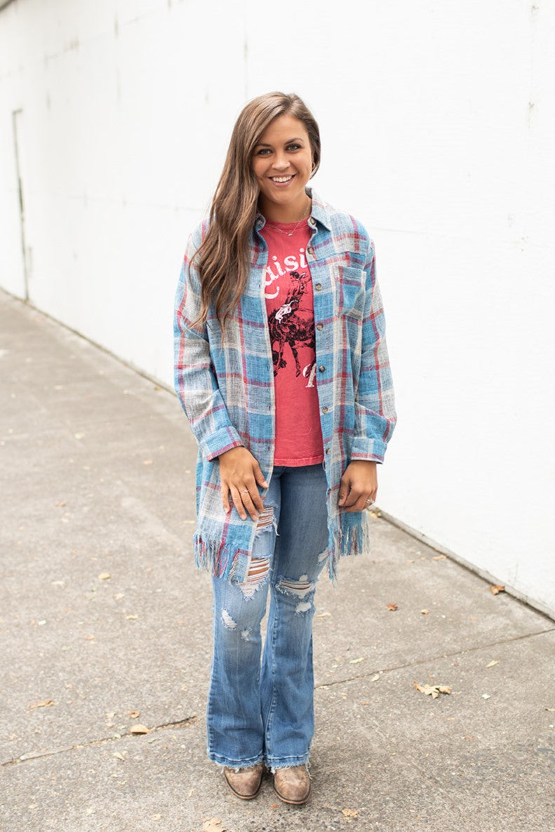 Blue Red Gray Plaid Frayed Button Up Long Shacket