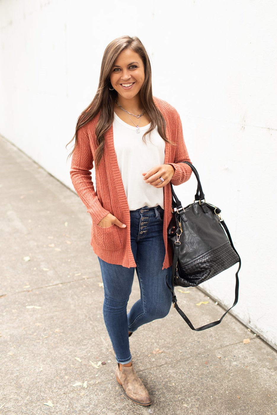 Rust Linked Knit Pocket Cardigan