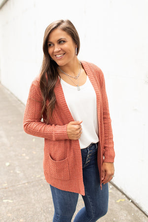 Rust Linked Knit Pocket Cardigan