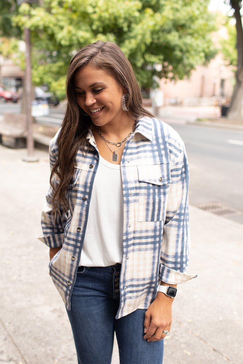 Beige & Blue Plaid Snap Shacket