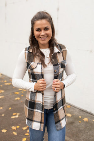 Brown Black Plaid Flannel Vest (SM-2X)