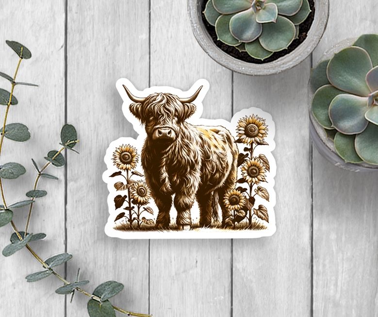 Sunflower Field Highland Cow Sticker