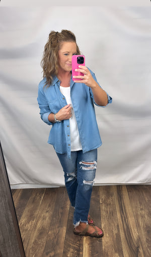 Chambray Roll Tab Button Up LS Top