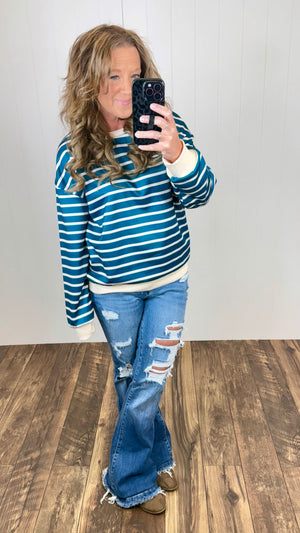 Teal & Cream Striped Pullover LS (SM-XL)