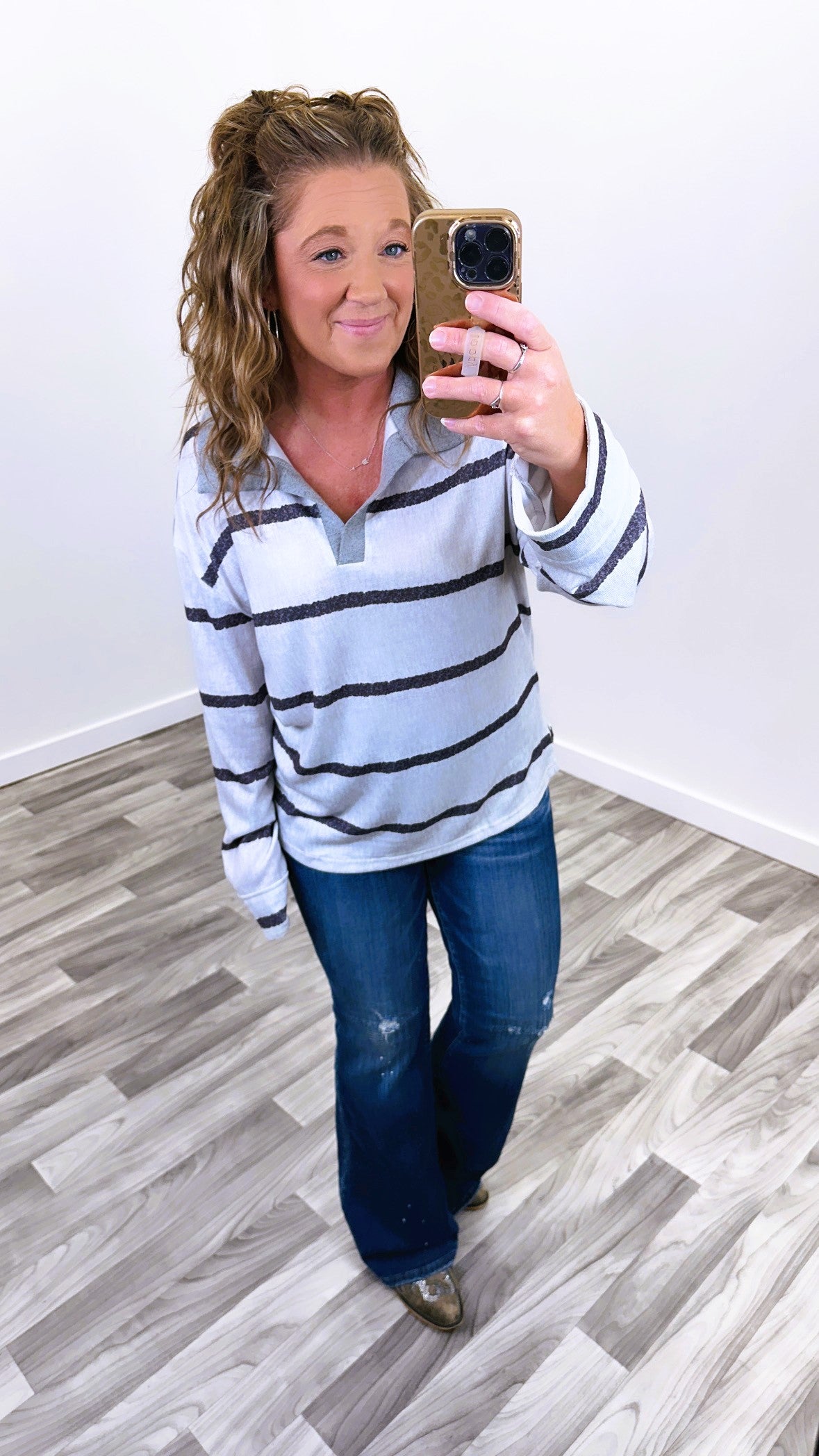 Gray Striped Vneck Collared LS Top (SM-XL)