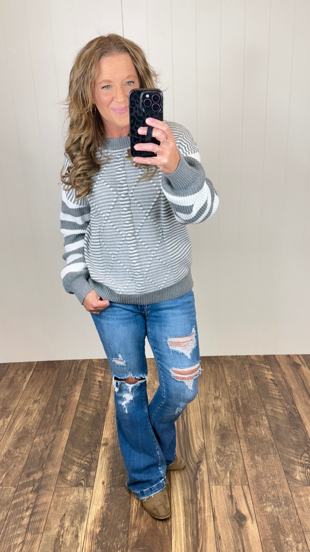 Gray Striped Cable Knit Pullover Sweater (SM-2X)