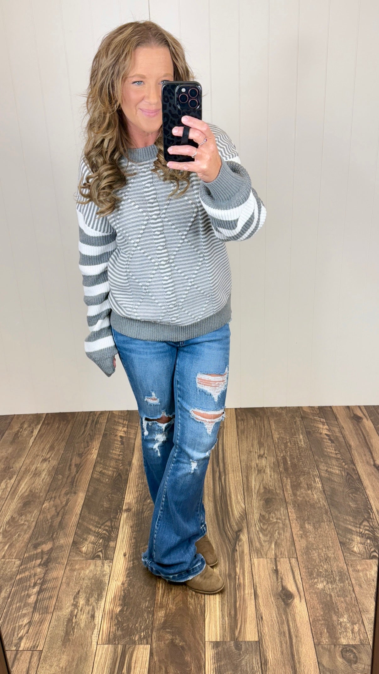 Gray Striped Cable Knit Pullover Sweater (SM-2X)