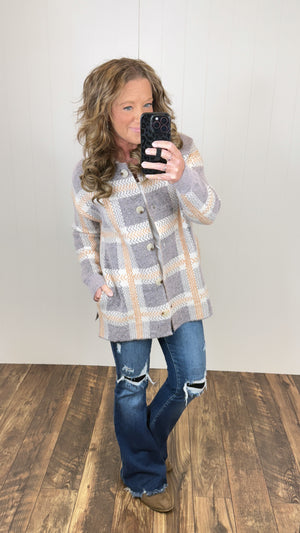 Purple & Peach Plaid Sweater Jacket (SM-XL)