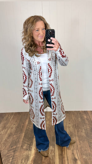 Oatmeal Brown Aztec Lightweight Long Cardigan (SM-2X)