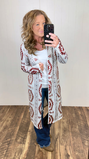 Oatmeal Brown Aztec Lightweight Long Cardigan (SM-2X)