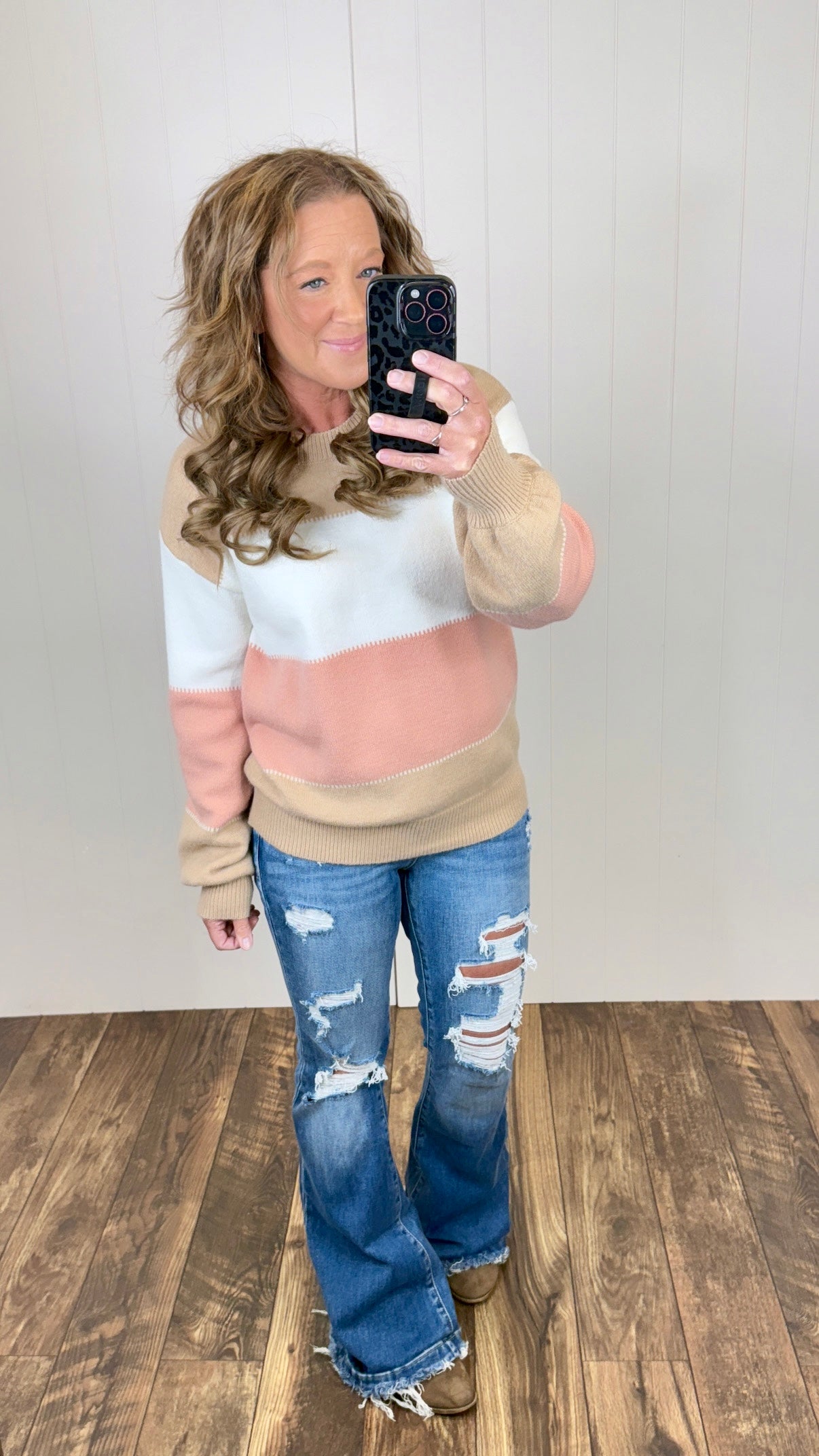 Taupe Ivory Pink Colorblocked Pullover Sweater (SM-XL)