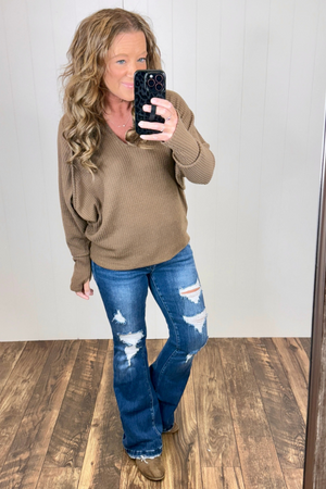 Mocha Waffle Vneck Dolman Sweater (SM-XL)