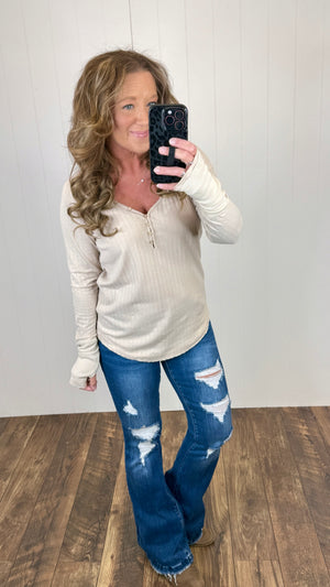 Beige Vintage Ribbed Henley LS Top (SM-XL)