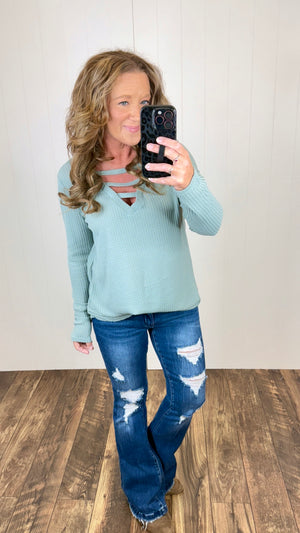 Sage Waffle Knit Strapped Chest LS Top