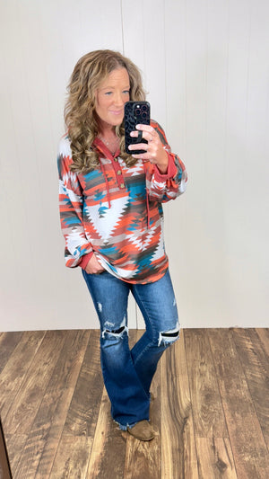 Rust Aztec Oversized Henley Hoodie (SM-XL)