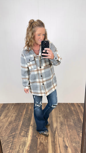 Gray Taupe Plaid Flannel Shacket (SM-2X)