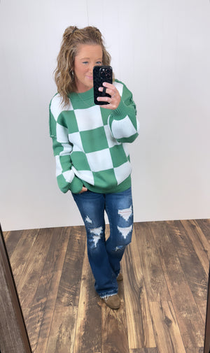 Green Checkered Oversized Pullover Sweater (SM-2X)