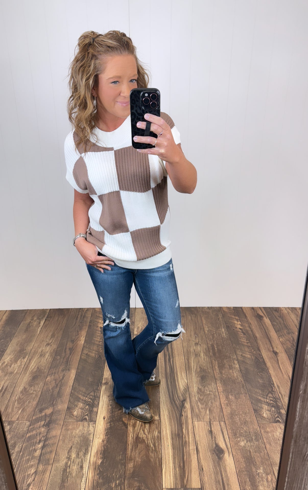 Cream Mocha Checkered Short Sleeve Sweater (SM-XL)