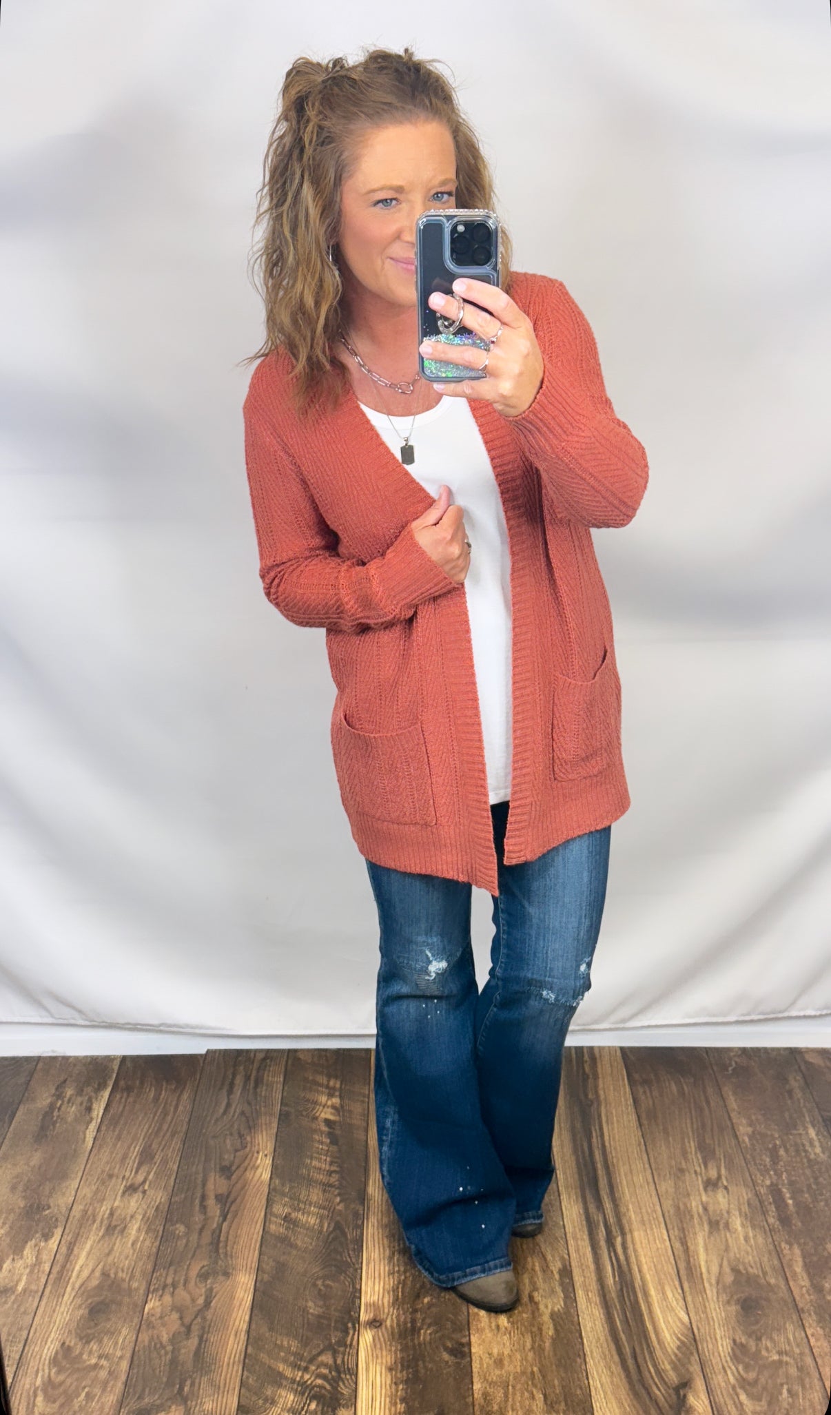 Rust Linked Knit Pocket Cardigan