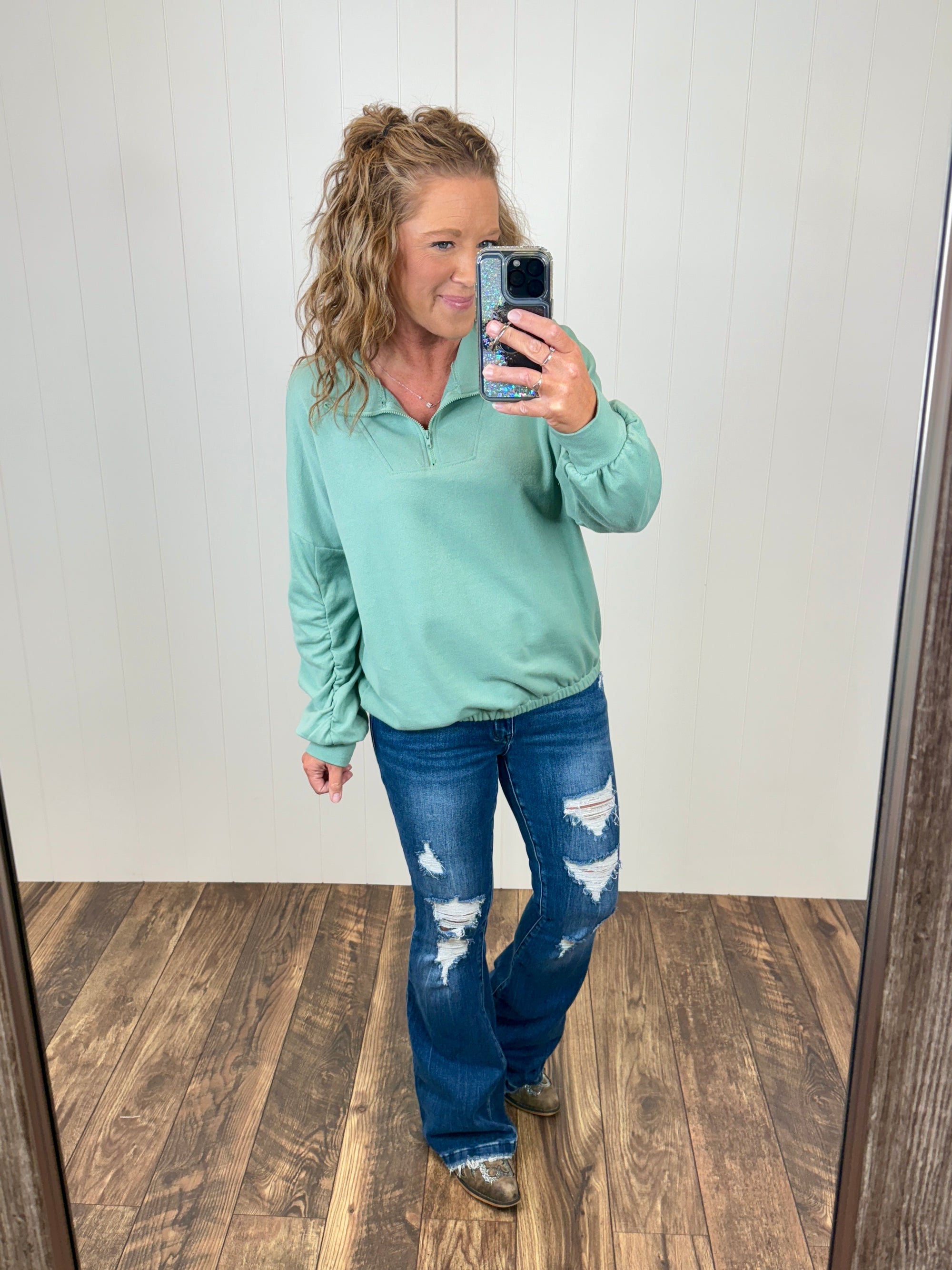 Warm Sage Dolman 1/2 Zip Pullover Sweatshirt (SM-3X)