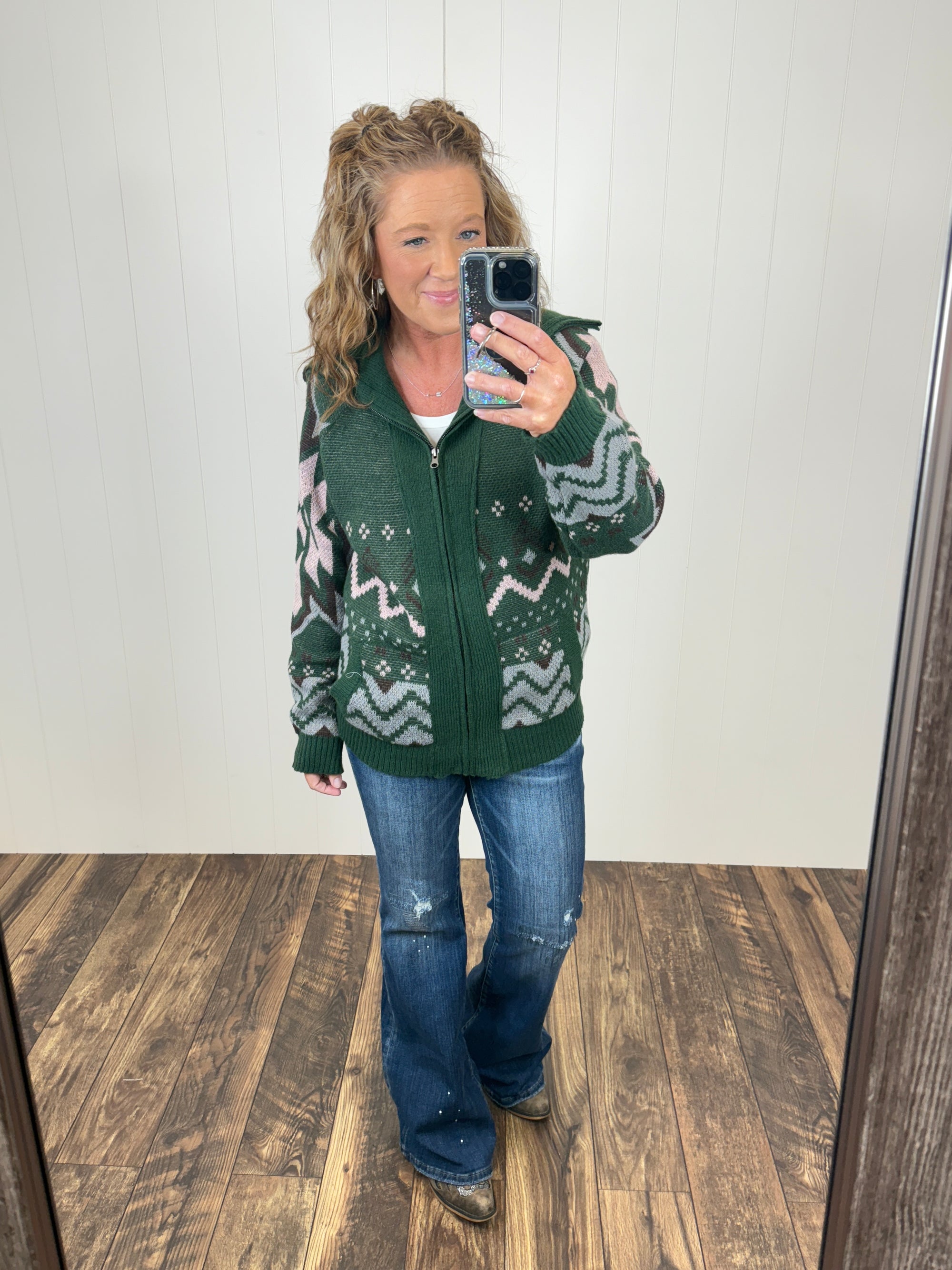 Green Aztec Zip Up Sweater Jacket