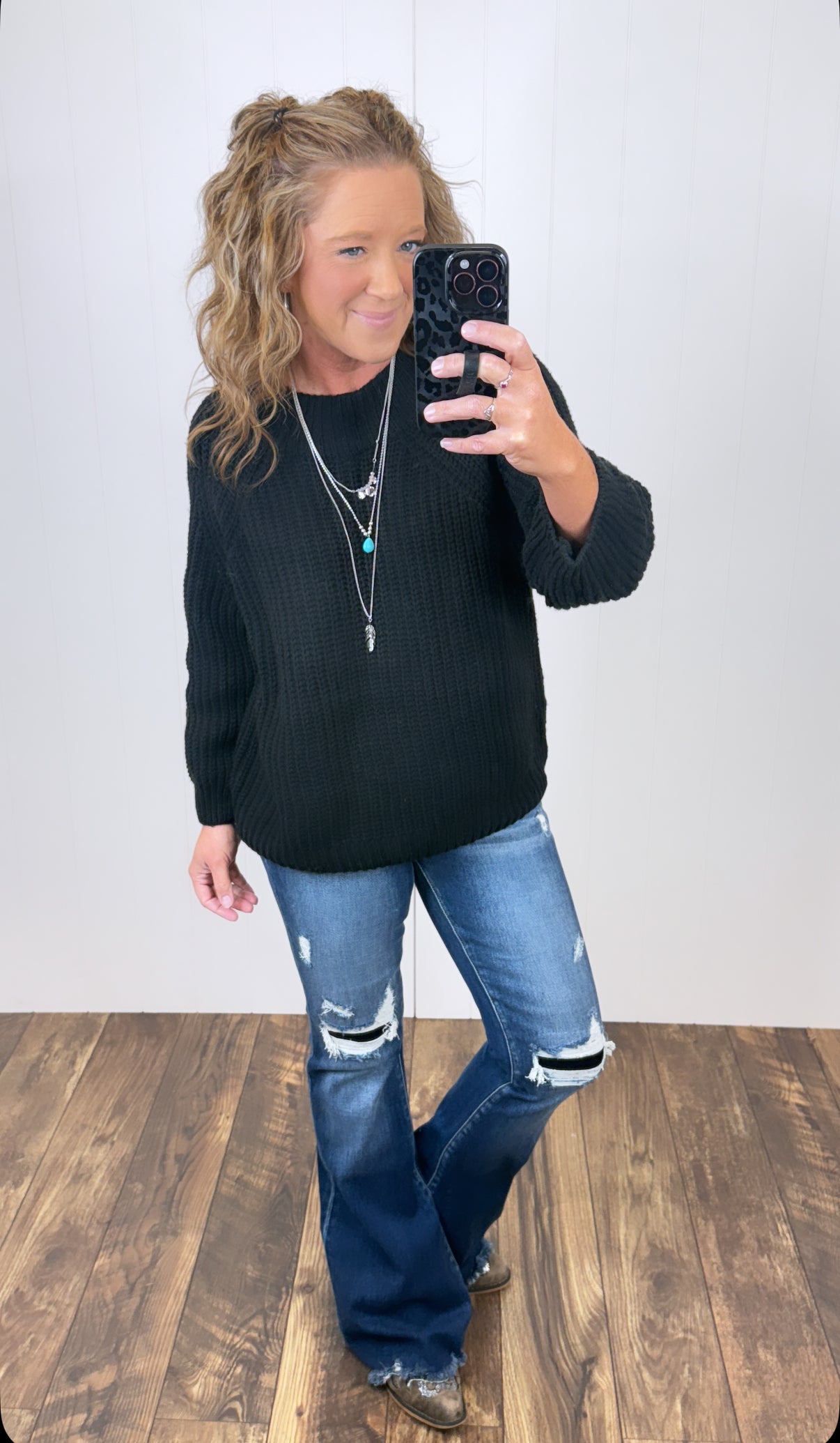 Black Chunky Knit 3/4 Slouchy Sweater