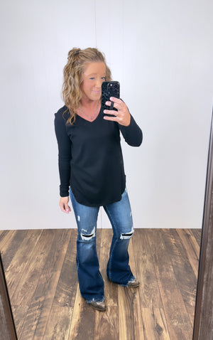 Black Vneck Loose Long Sleeve Basic Tee (SM-3X)