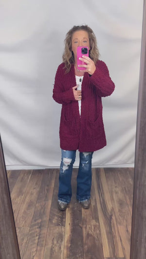 Burgundy Ribbed Popcorn Pocket Cardigan