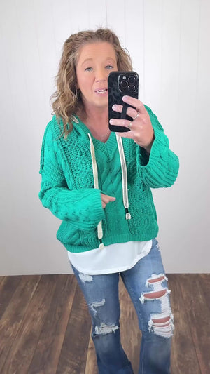 Kelly Green Hooded Chunky Knit Sweater (SM-XL)