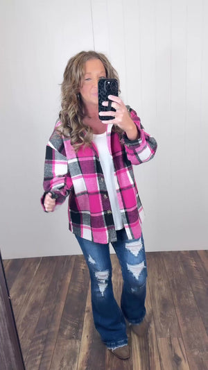 Pink Black Plaid Button Up Flannel Shacket (SM-2X)