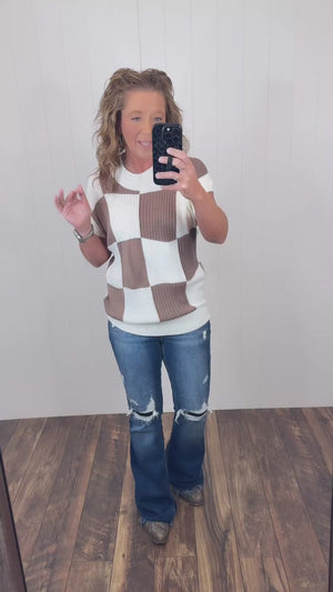 Cream Mocha Checkered Short Sleeve Sweater (SM-XL)