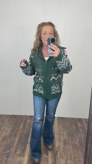 Green Aztec Zip Up Sweater Jacket