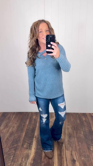 Blue Button Vneck Ribbed Sweater LS (SM-2X)