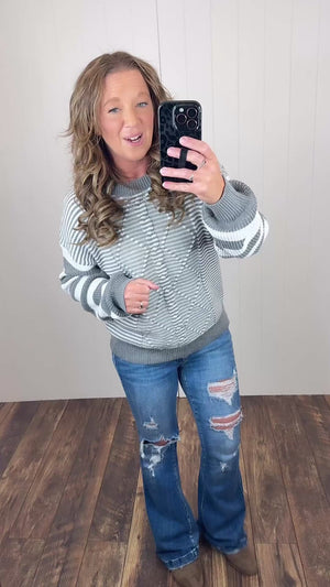 Gray Striped Cable Knit Pullover Sweater (SM-2X)