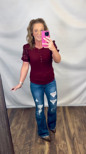 Burgundy Henley Lace SS Top (SM-3X)