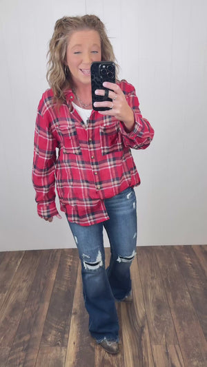 Red Plaid Oversized Crinkle Button Up LS