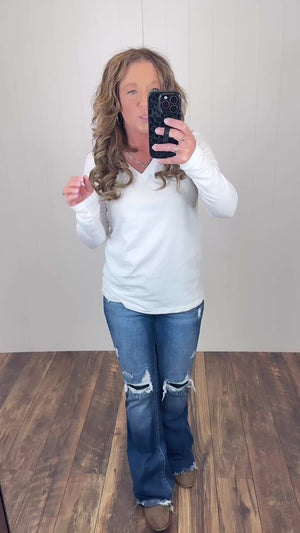 White Basic Cotton Vneck Long Sleeve Tee (SM-3X)