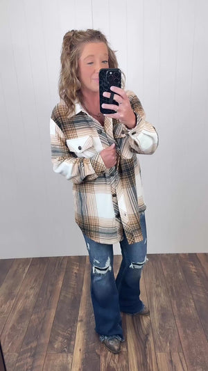 Cream Brown Black Plaid Oversized Fleece Shacket (SM-XL)