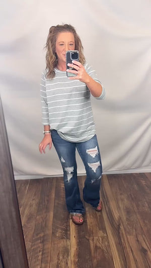 Gray Striped 3/4 Sleeve Top (SM-3X)